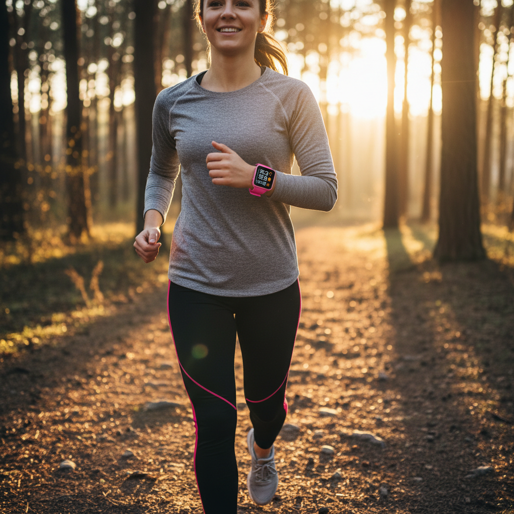 Active person wearing pink smart watch while working out