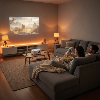 Cozy home theater scene with mini projector displaying movie