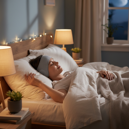 Person relaxing in bed wearing Bluetooth sleep headband